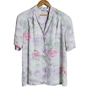 VINTAGE 80s Floral Print short sleeve blouse Shoulder pads Lilac pink SZ 16